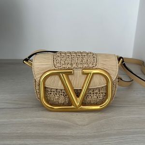 Valentino Beige Raffia and Leather Small Supervee Crossbody Bag